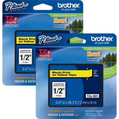 Picture of Brother P-touch TZe Laminated Tape Cartridges, 15/32inW x 26 1/4L , Rectangle, Yellow, 2 Per Bundle