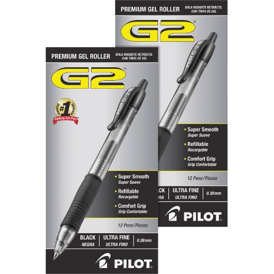 Picture of Pilot G2 Premium Gel Roller Retractable Pens - Ultra Fine Pen Point - 0.38 mm Pen Point Size - Refillable - Retractable - Black Gel-based Ink - Clear Barrel - 24 / Bundle