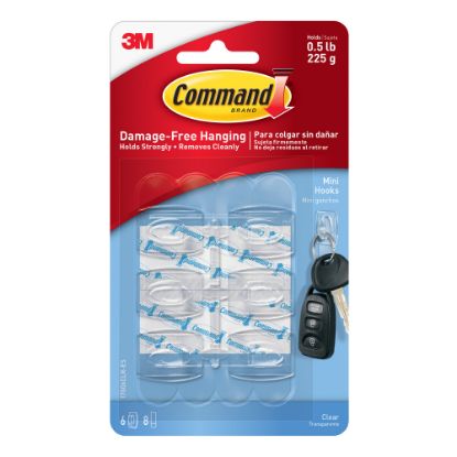 Picture of Command Mini Wall Hooks, 6 Command Hooks, 8 Command Strips, Damage Free Hanging of Dorm Room Decorations, Clear