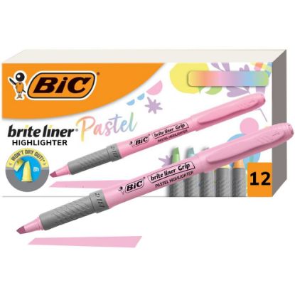 Picture of BIC Brite Liner Grip Highlighters, Assorted, 12 Pack - 1.6 mm Marker Point Size - Chisel Marker Point Style - Assorted, Pastel Yellow, Pastel Pink, Pastel Blue, Pastel Green, Pastel Purple, Pastel Orange - 12 Pack