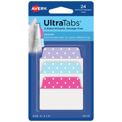 Picture of Avery Multiuse Ultra Tabs, 2-Side Writable, 2in x 1.5in, Pink/Blue/Purple, Pastel Dots, Pack Of 24 Repositionable Tabs