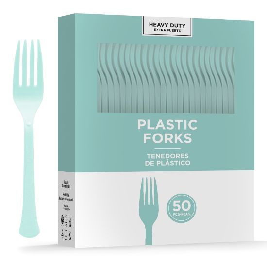 Picture of Amscan 8017 Solid Heavyweight Plastic Forks, Robins Egg Blue, 50 Forks Per Pack, Case Of 3 Packs