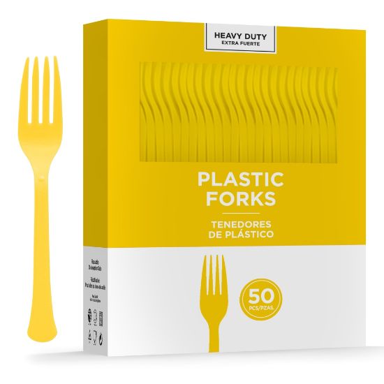 Picture of Amscan 8017 Solid Heavyweight Plastic Forks, Yellow Sunshine, 50 Forks Per Pack, Case Of 3 Packs