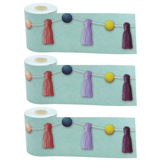 Picture of Teacher Created Resources Straight Rolled Border Trim, Oh Happy Day Pom-Poms And Tassels, 50' Per Roll, Pack Of 3 Rolls