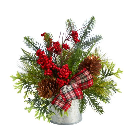 Picture of Nearly Natural Holiday Winter 12inH Pine Cones, Berries, Greenery And Plaid Bow Artificial Christmas Arrangement, 12inH x 10inW x 8inD, Green/Silver