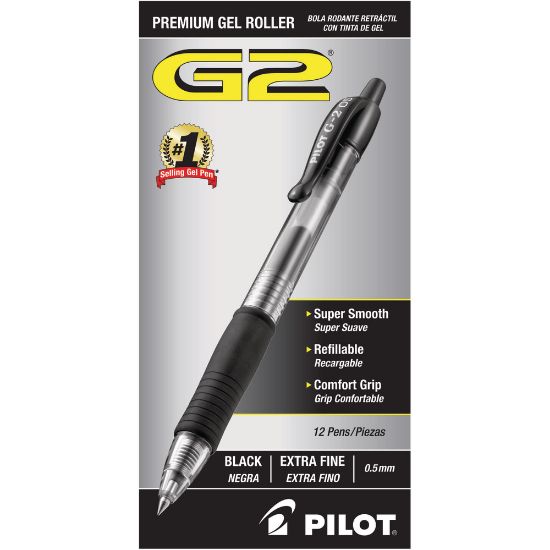 Picture of Pilot G2 Retractable Gel Pens, Extra Fine Point, 0.5 mm, Clear Barrels, Black Ink, Pack Of 12