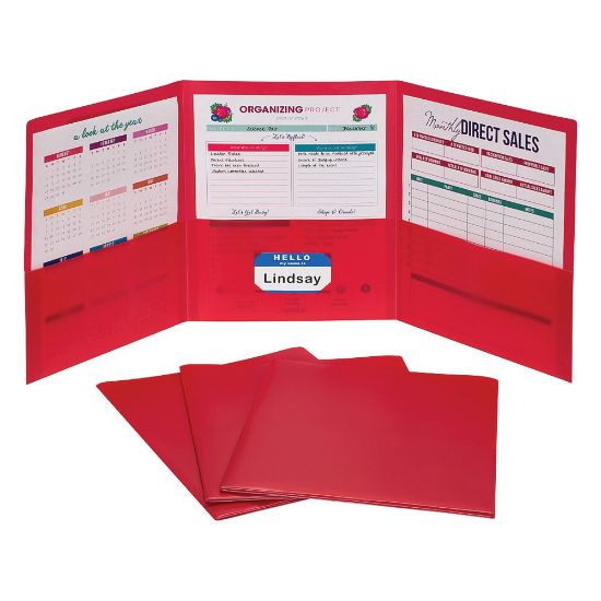 Picture of C-Line 3-Pocket Poly Portfolios, 8-1/2in x 11in, Letter Size, Red, Pack Of 24 Portfolios