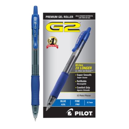 Picture of Pilot G2 Retractable Gel Pens, Fine Point, 0.7 mm, Clear Barrels, Blue Ink, Pack Of 12 Pens