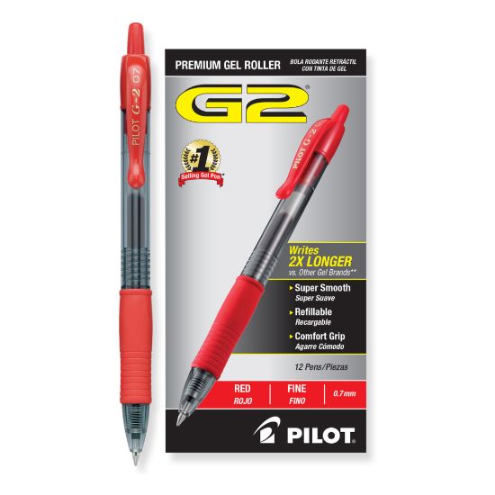 Picture of Pilot G2 Retractable Gel Pens, Fine Point, 0.7 mm, Clear Barrels, Red Ink, Pack Of 12 Pens