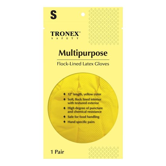 Picture of Tronex Multipurpose Flock-Lined Latex Gloves, Small, Yellow, 24 Per Pack, Case Of 12 Packs