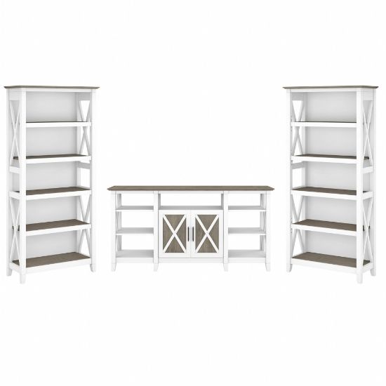 Picture of Bush Furniture Key West Tall TV Stand With Set Of 2 Bookcases, Shiplap Gray/Pure White, Standard Delivery