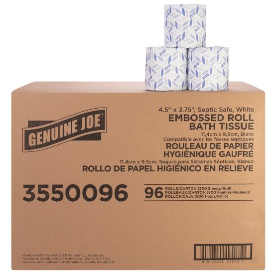 Picture of Genuine Joe 2-ply Bath Tissue - 2 Ply - 4.50in x 3in - 500 Sheets/Roll - White - Fiber - Perforated, Absorbent, Soft - For Bathroom, Restroom - 96 / Carton