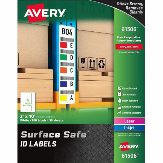 Picture of Avery Surface Safe ID Labels - Removable Adhesive - 2in Width x 10in Length - Rectangle - Laser, Inkjet - White - Polyester - 4 / Sheet - 50 Total Sheets - 200 / Pack