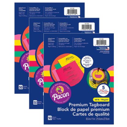 Picture of Pacon Premium Tagboard, 8-1/2in x 11in, Assorted Colors, 50 Sheets Per Pack, Set Of 3 Packs