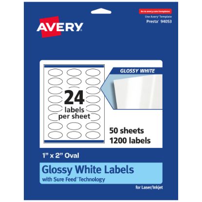 Picture of Avery Glossy Permanent Labels With Sure Feed, 94053-WGP50, Oval, 1in x 2in, White, Pack Of 1,200