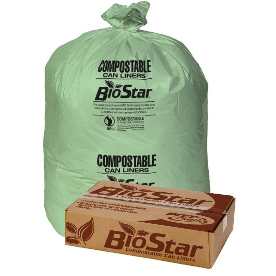 Picture of Pitt Plastics BioStar 1-mil Compostable Can Liners, 33 Gallons, 33in x 39in, Green, 10 Bags Per Roll, Case Of 10 Rolls