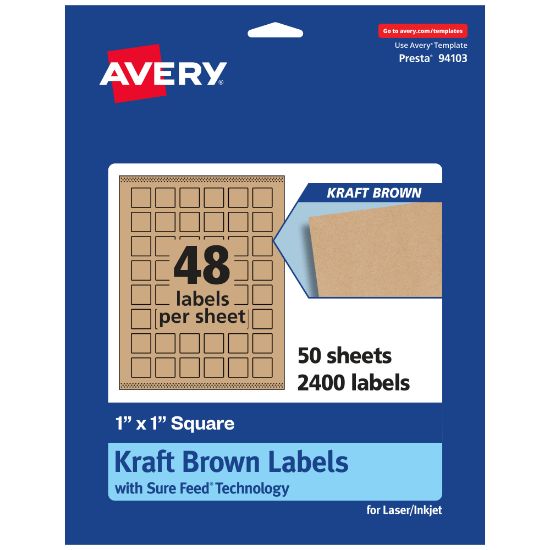 Picture of Avery Kraft Permanent Labels With Sure Feed, 94103-KMP50, Square, 1in x 1in, Brown, Pack Of 2,400