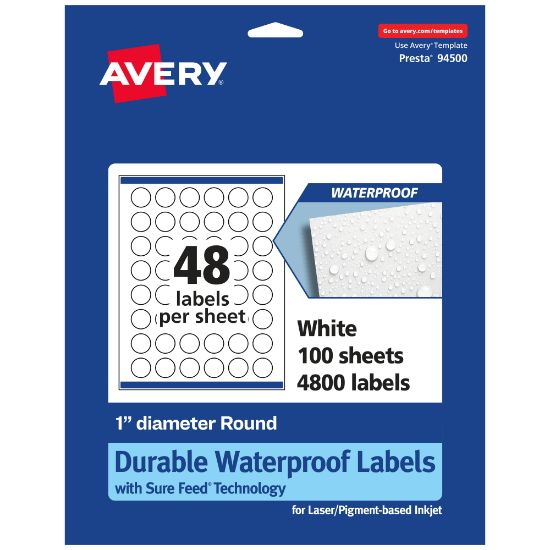 Picture of Avery Waterproof Permanent Labels With Sure Feed, 94500-WMF100, Round, 1in Diameter, White, Pack Of 4,800