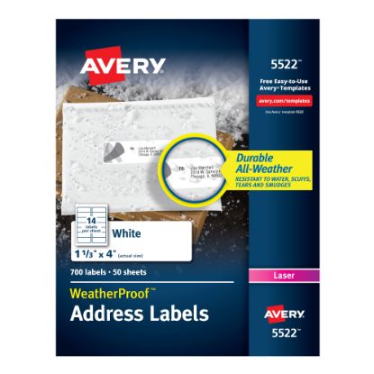 Picture of Avery WeatherProof Mailing Labels with TrueBlock Technology, AVE5522, Permanent Adhesive, 1 21/64inW x 4inL, Rectangle, Laser, White, Polyester, 14 Per Sheet, Pack Of 700