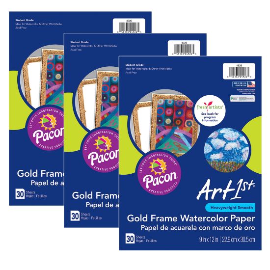 Picture of Pacon Ucreate Watercolor Paper, 9in x 12in, Gold/White, 30 Sheets Per Pack, Set Of 3 Packs