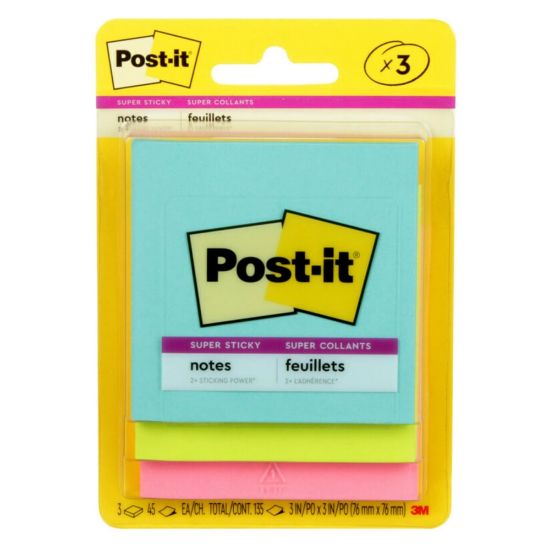 Picture of Post-it Super Sticky Notes, 3 in x 3 in, 3 Pads, 45 Sheets/Pad, 2x the Sticking Power, Supernova Neons Collection