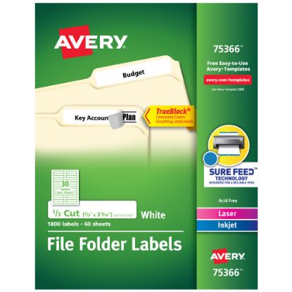 Picture of Avery TrueBlock File Folder Labels With Sure Feed Technology, 75366, Rectangle, 2/3in x 3-7/16in, White, Pack Of 1,800