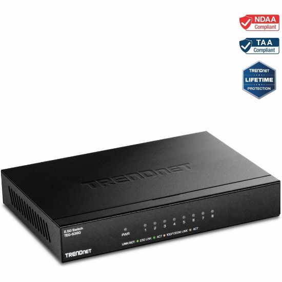 Picture of TRENDnet 8-Port Unmanaged 2.5G Switch, 8 x 2.5GBASE-T Ports, 40Gbps Switching Capacity, Backwards Compatible with 10-100-1000Mbps Devices, Fanless, Wall Mountable, Black, TEG-S380 - 8 Ports