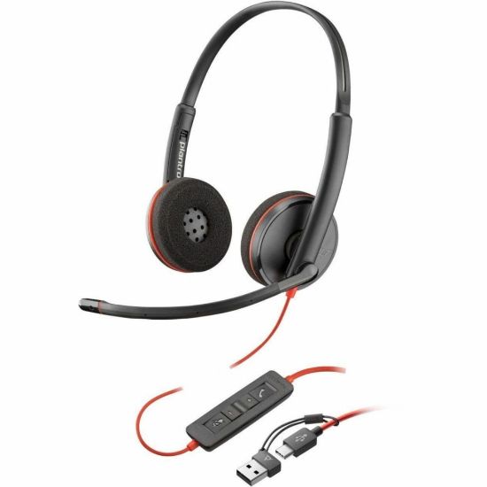 Picture of Poly Blackwire 3220 Stereo USB-C Headset + USB-C/A Adapter - Stereo - USB Type C, Mini-phone (3.5mm) - Wired - 32 Ohm - On-ear - Binaural - Ear-cup - 5.20 ft Cable - Omni-directional Microphone - Noise Canceling - Black