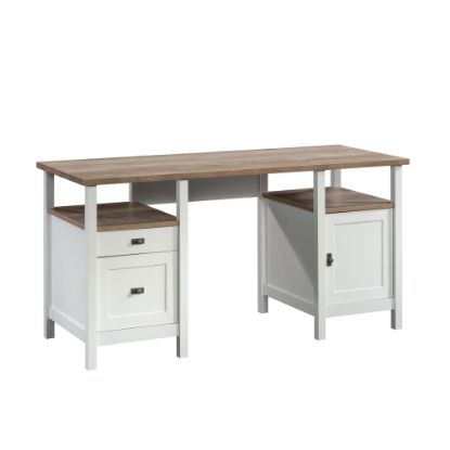 Picture of Sauder Cottage Road 60inW Double-Pedestal Computer Desk With Open Shelf, White/Lintel Oak