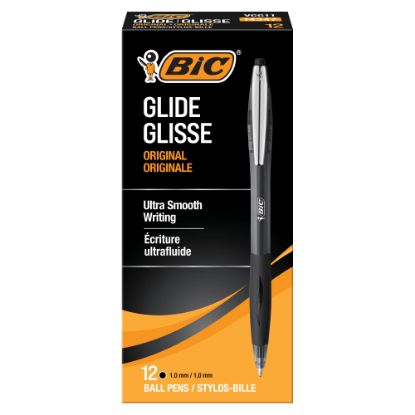 Picture of BIC Glide Retractable Ballpoint Pens, Medium Point, 1.0 mm, Clear Barrel, Black Ink, Pack Of 12