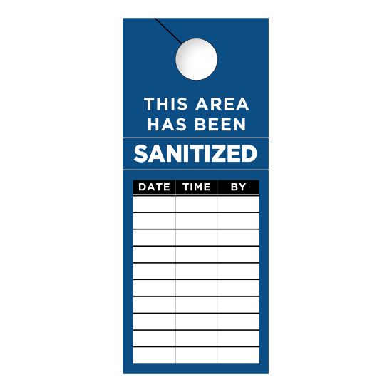 Picture of COSCO This Area Has Been Sanitized Door Hanger Signs, 3-1/2in x 8-1/2in, Blue/Black/White, Pack Of 50 Signs