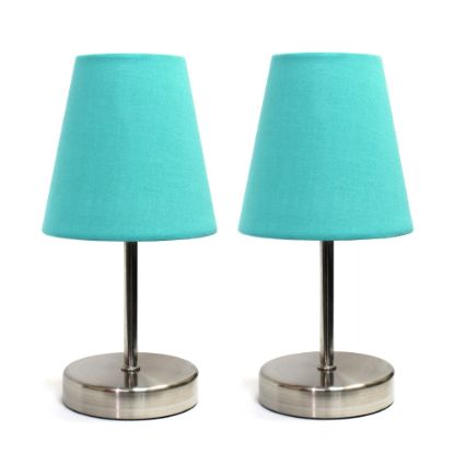 Picture of Simple Designs Sand Nickel Mini Basic Table Lamp Set with Blue Fabric Shades