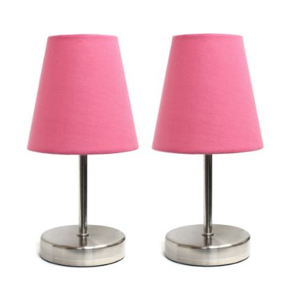 Picture of Simple Designs Sand Nickel Mini Basic Table Lamp Set with Pink Fabric Shades