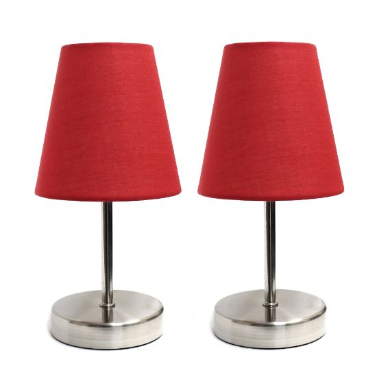 Picture of Simple Designs Sand Nickel Mini Basic Table Lamp Set with Red Fabric Shades