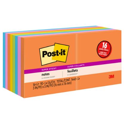 Picture of Post-it Super Sticky Notes, 3 in x 3 in, 16 Pads, 90 Sheets/Pad, 2x the Sticking Power, Energy Boost Collection