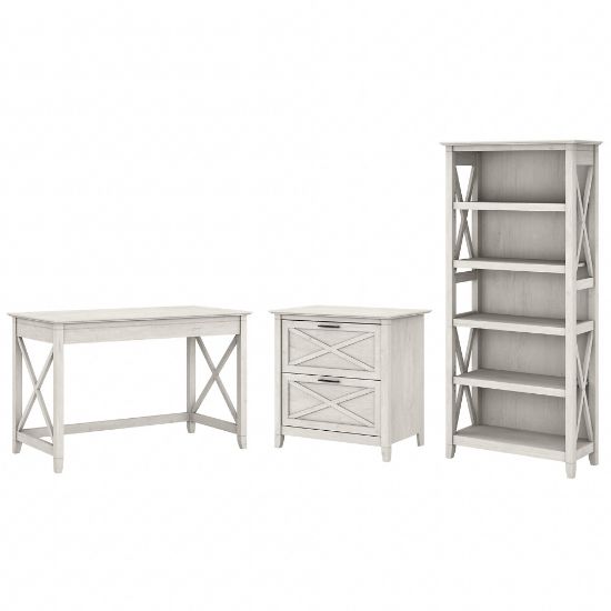 Picture of Bush Furniture Key West 48inW Writing Desk With 2-Drawer Lateral File Cabinet And 5-Shelf Bookcase, Linen White Oak, Standard Delivery