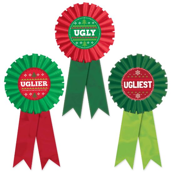 Picture of Amscan 396589 Christmas Ugly Sweater Contest Award Ribbons, Multicolor, Set Of 6 Ribbons