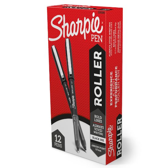 Picture of Sharpie Roller Pens, Arrow Point, 0.7 mm, Black Barrel, Blue Ink, Pack Of 12 Pens