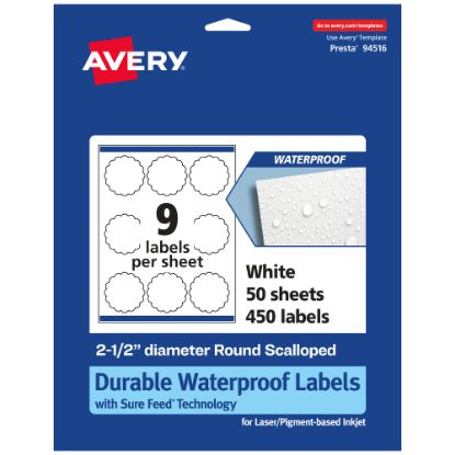 Picture of Avery Waterproof Permanent Labels With Sure Feed, 94516-WMF50, Round Scalloped, 2-1/2in Diameter, White, Pack Of 450