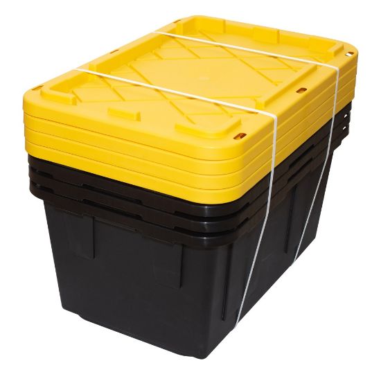 Picture of Office Depot Brand by GreenMade Professional Storage Tote With Handles/Snap Lid, 27 Gallon, 30-1/10in x 20-1/4in x 14-3/4in, Black/Yellow, Pack Of 4