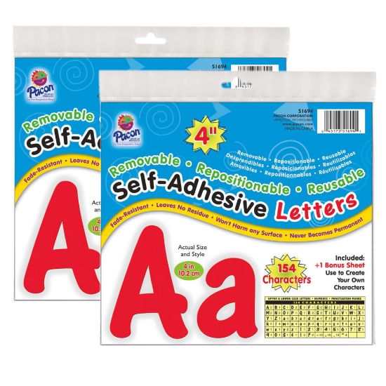 Picture of Pacon Self-Adhesive Letters, 4in, Cheery Font, Red, 154 Per Pack, Set Of 2 Packs