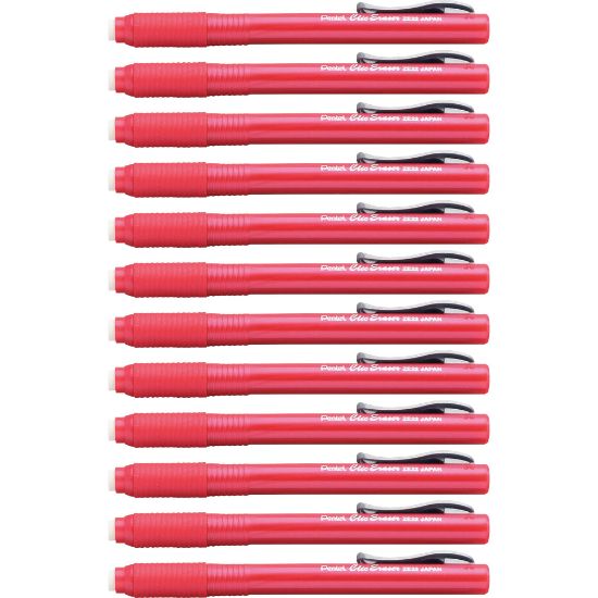 Picture of Pentel Rubber Grip Clic Eraser - Red - Pen - Refillable - 12 / Box - Retractable, Latex-free Grip, Pocket Clip, Ghost Resistant, Non-abrasive