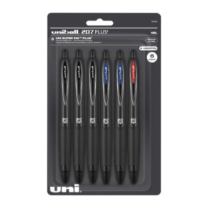 Picture of uni-ball 207 Plus+ Retractable Gel Pens, Medium Point, 0.7 mm, Black Barrel, Black/Blue/Red Ink, Pack Of 6 Pens