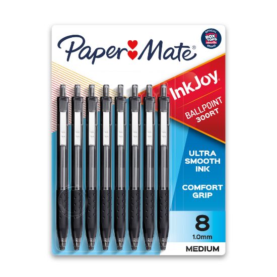 Picture of Paper Mate 300RT Effortless Glide Ballpoint Pens, Medium Point, 1.0 mm, Transparent Barrels, Black Ink, 8 Count