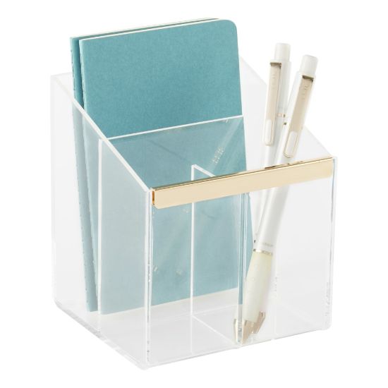 Picture of Realspace Vayla Acrylic 3-Compartment Pen Holder, 4-7/8inH x 4inW x 4-1/8inD, Clear/Gold