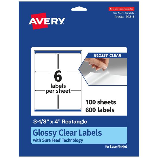 Picture of Avery Glossy Permanent Labels With Sure Feed, 94215-CGF100, Rectangle, 3-1/3in x 4in, Clear, Pack Of 600