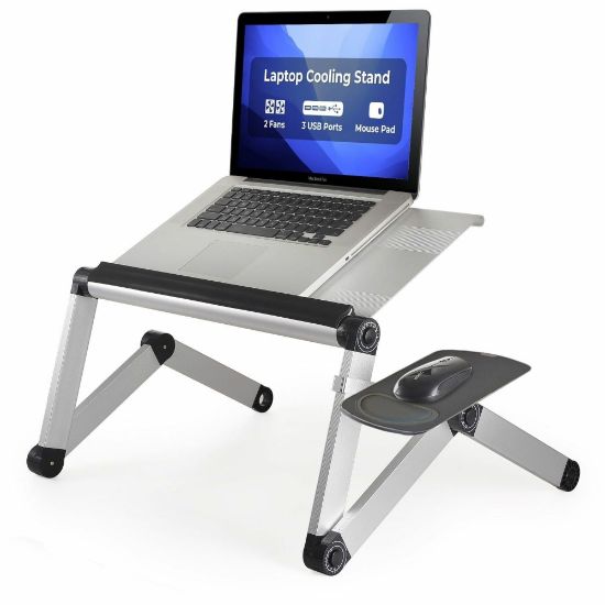 Picture of WorkEZ Cool adjustable laptop stand & lap desk silver with 2 fans, 3 USB ports, mouse pad - Raise, tilt, and cool laptops with this universal adjustable laptop stand with mouse pad. Perfect laptop riser for the desk, couch, and bed.