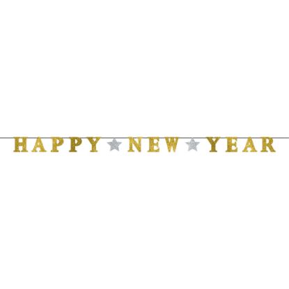 Picture of Amscan Happy New Year Glitter Ribbon Letter Banners, 5in x 12ft, Gold, 1 Banner Per Pack, Case Of 3 Packs