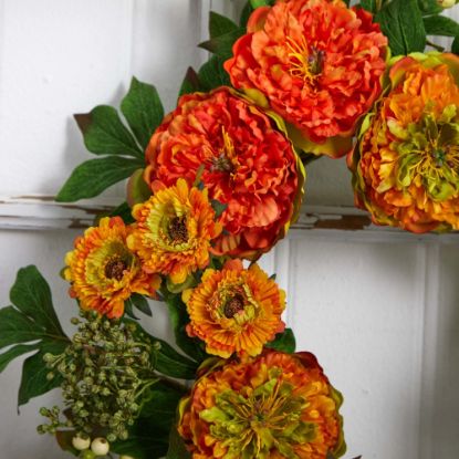 Picture of Nearly Natural Peony And Mum 24inH Plastic Wreath, 24inH x 24inW x 3inD, Orange