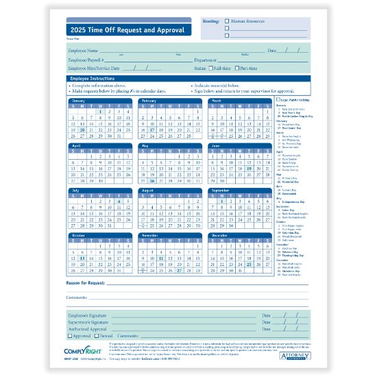 Picture of ComplyRight 2025 Time Off Request And Approval Calendars, 8 1/2in x 11in, Pack Of 50